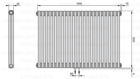 Схема (чертеж) Радиатор Zehnder Charleston 2150/23 №5410 Белый глянцевый RAL 9016